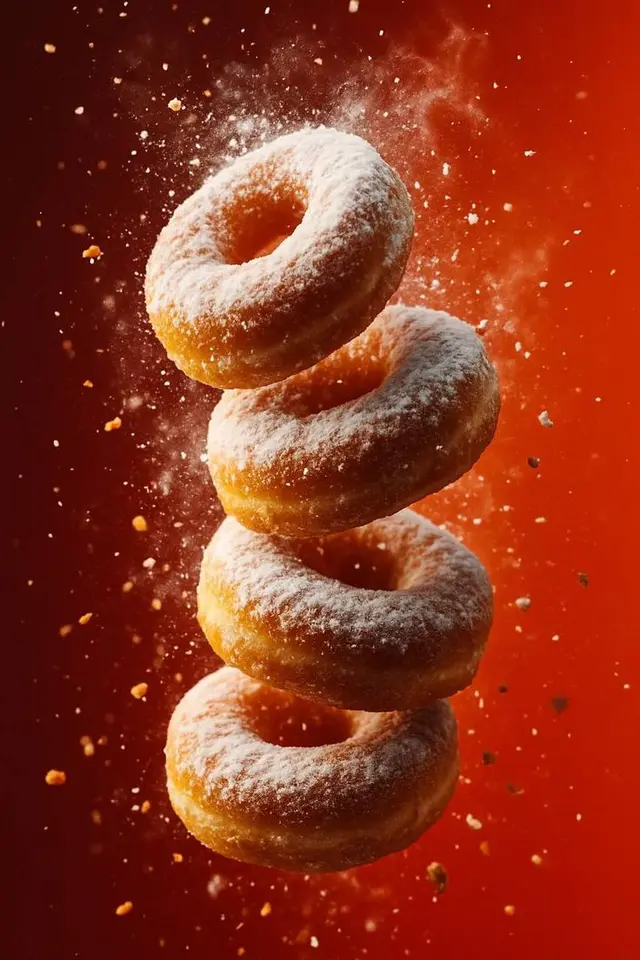 Sugared doughnuts in mid-air